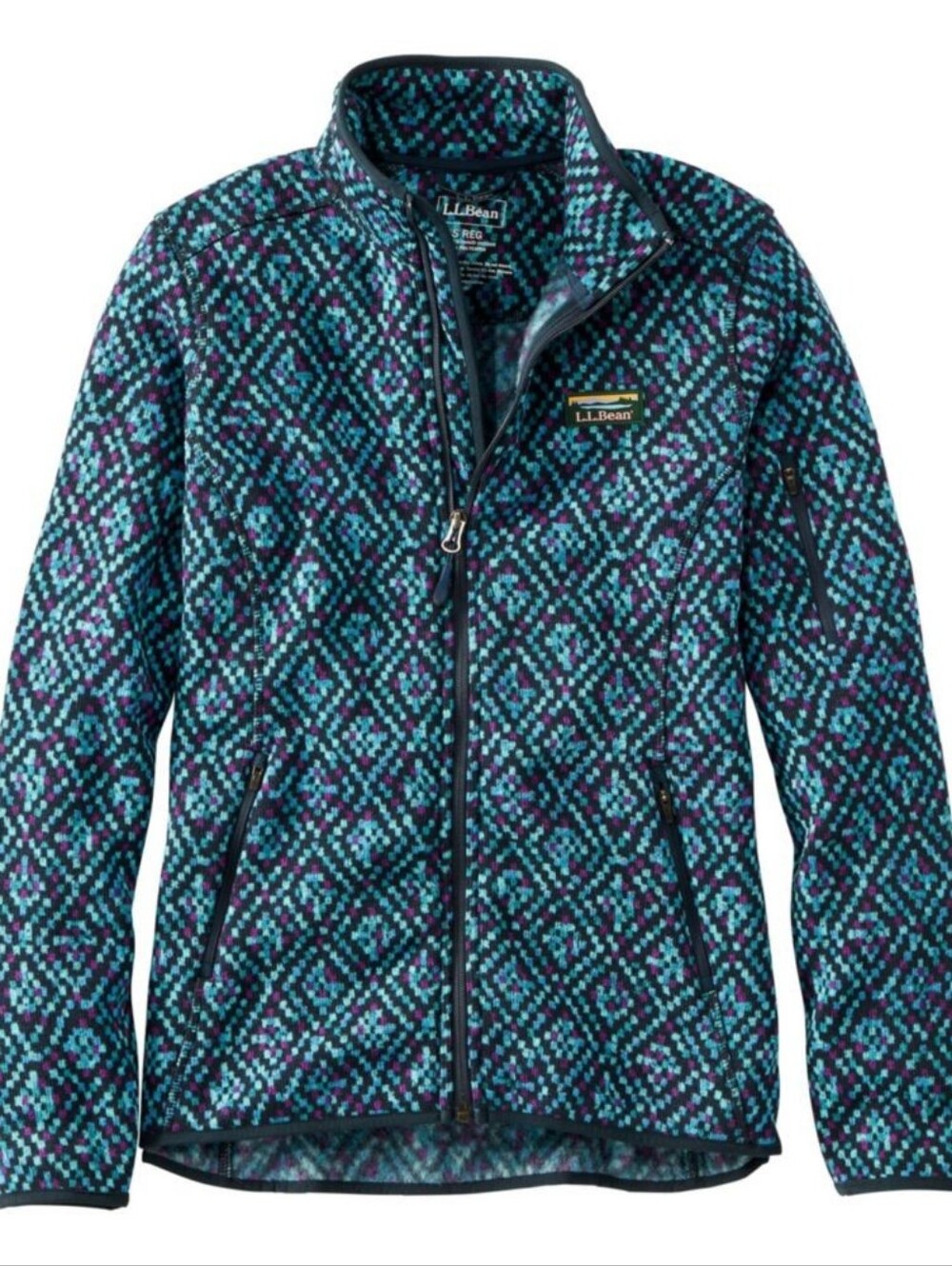 L.L. Bean "Sweater Fleece Full-Zip Jacket" Blue/Purple/Black Geometric Print, XL